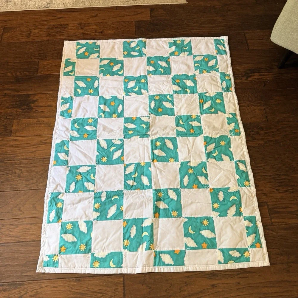 Handmade Baby Quilt Blanket ~38x40 Patchwork Teal White Clouds Moon Stars